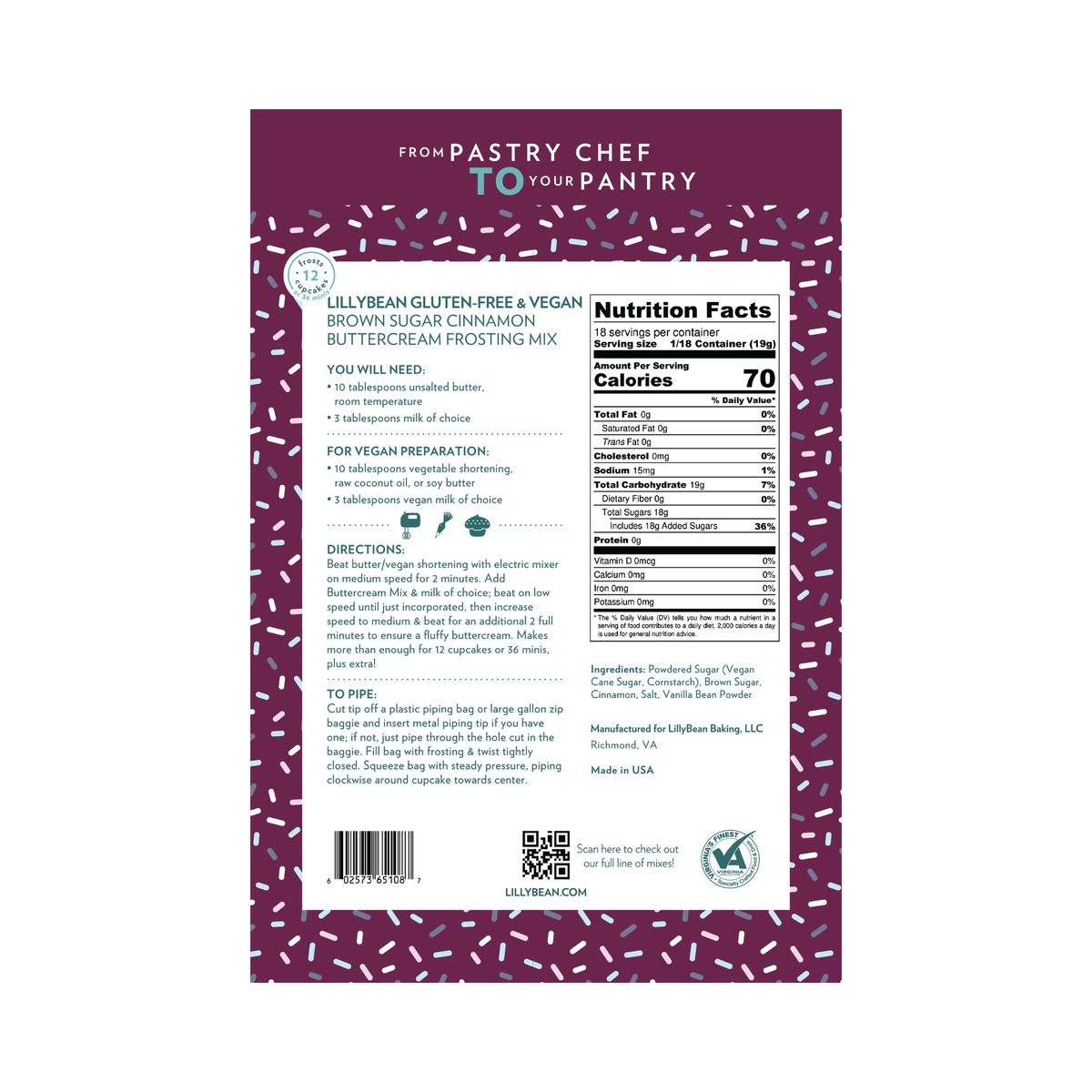 Back of LillyBean Brown Sugar Cinnamon Buttercream Frosting Mix pouch showing ingredients, allergen statement and frosting and piping directions