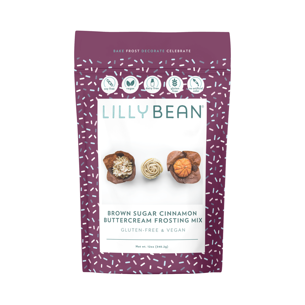LillyBean Brown Sugar Cinnamon Buttercream Frosting Mix front of pouch, top-9 allergen-free, vegan and gluten-free frosting mix, 12 oz