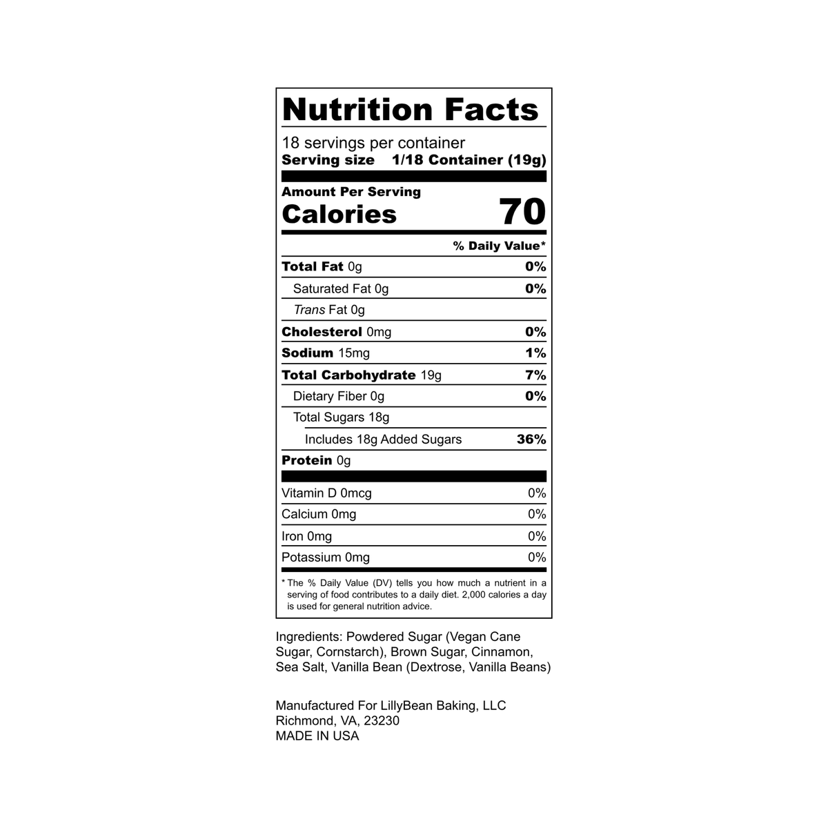 Nutrition Facts panel for LillyBean Brown Sugar Cinnamon Buttercream Frosting Mix, 18 servings per container, 70 calories per serving