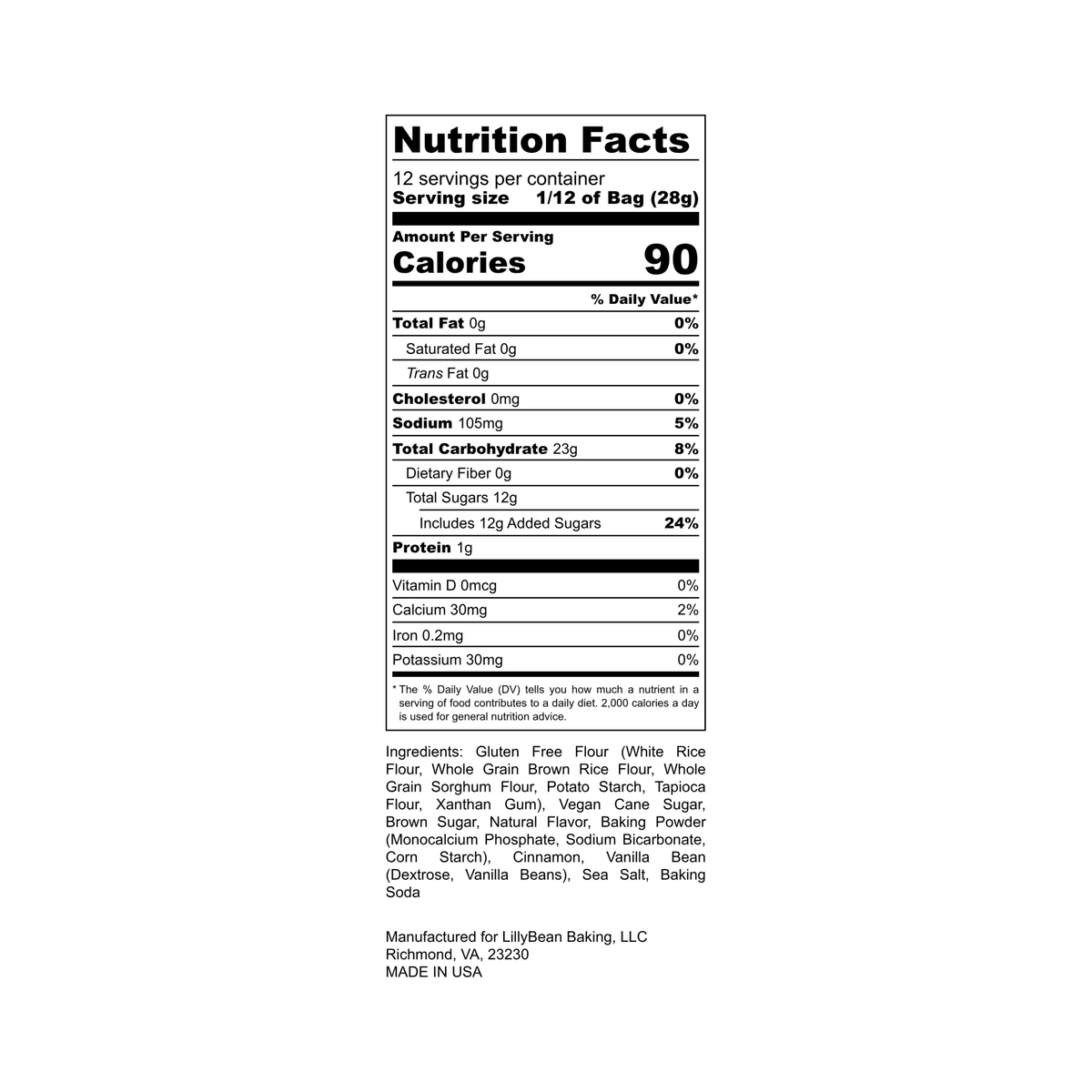 Nutrition Facts panel for LillyBean Carrot Cake & Cupcake Mix, 12 servings per bag, 90 calories per serving