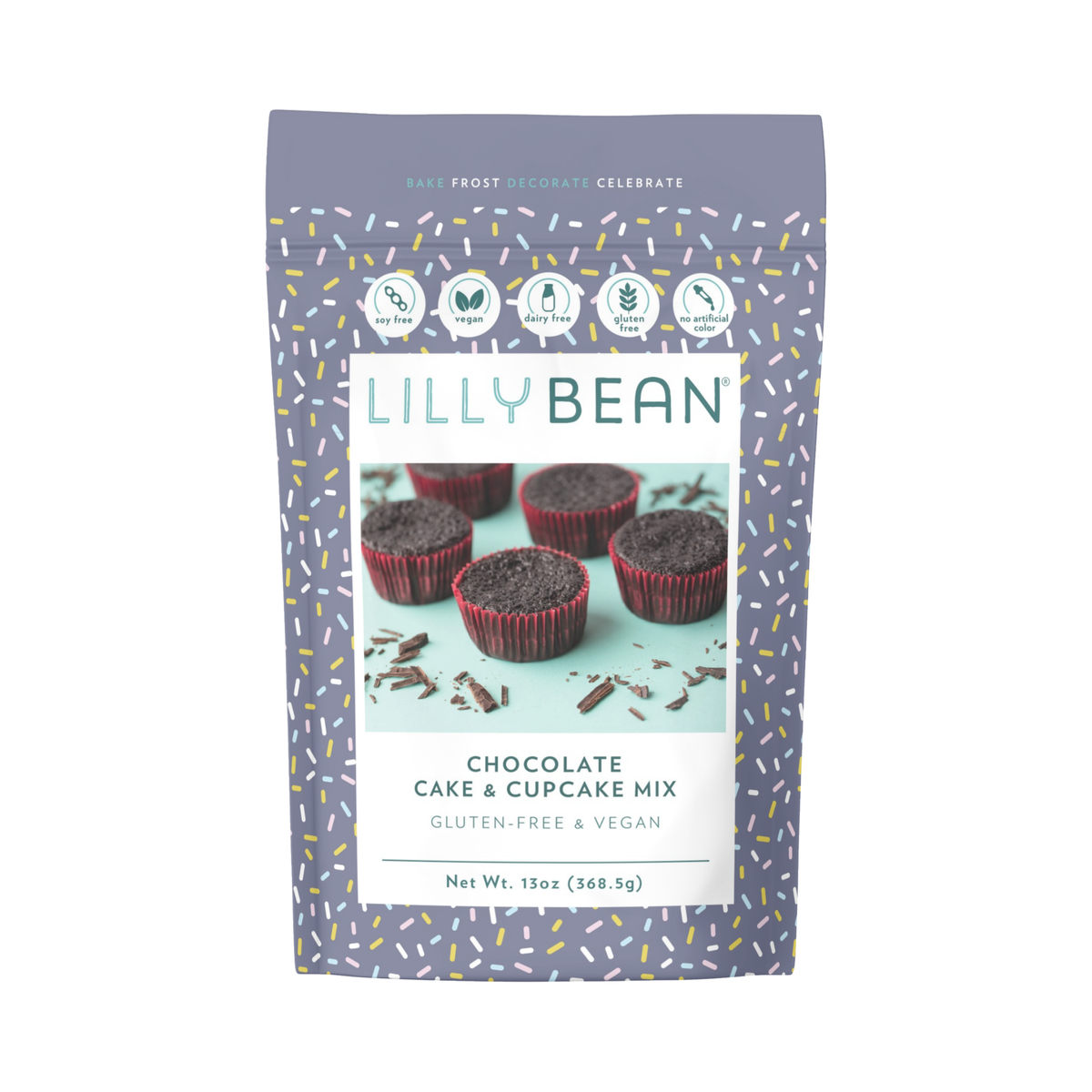 LillyBean Chocolate Cake & Cupcake Mix front of pouch, top-9 allergen-free, vegan and gluten-free chocolate cake mix, 13 oz