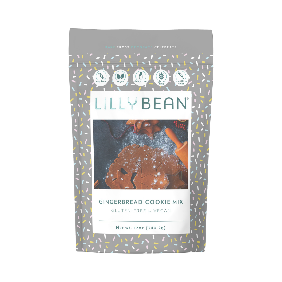 LillyBean Gingerbread Cookie Mix front of pouch, top-9 allergen-free, vegan and gluten-free gingerbread cookie mix, 12 oz