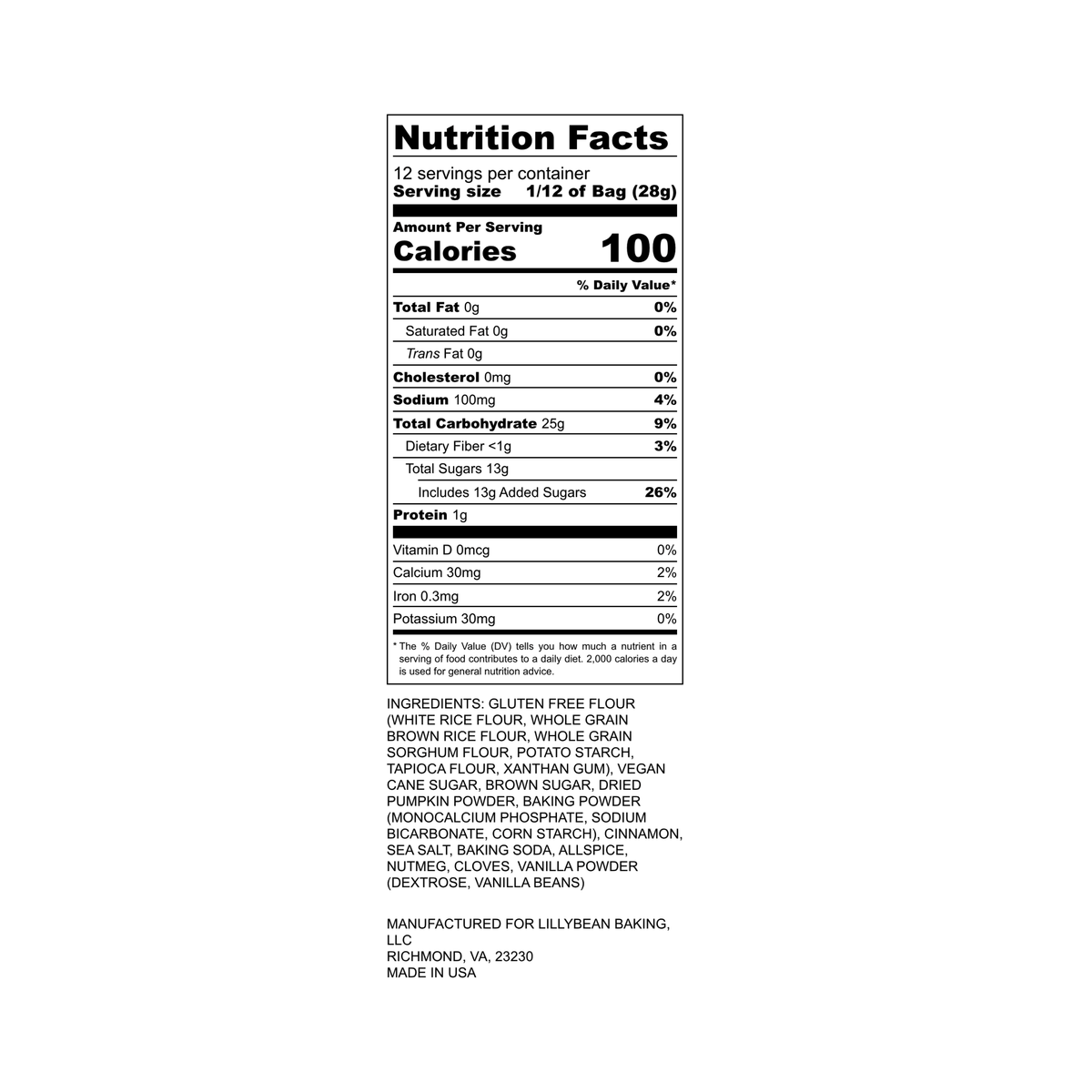 Nutrition Facts panel for LillyBean Pumpkin Spice Cake & Cupcake Mix, 12 servings per bag, 100 calories per serving