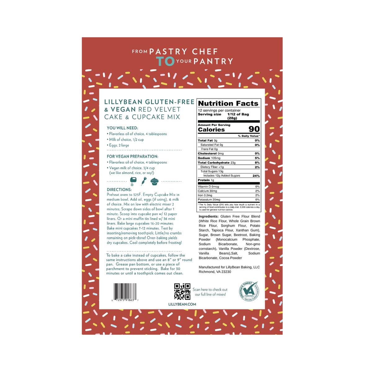 Back of LillyBean Red Velvet Cake & Cupcake Mix pouch showing ingredients, allergen statement and cupcake and cake directions