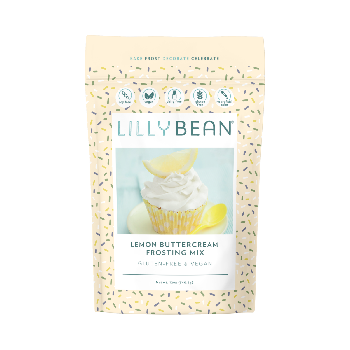 LillyBean Lemon Buttercream Frosting Mix front of pouch, top-9 allergen-free, vegan and gluten-free lemon frosting mix, 12 oz