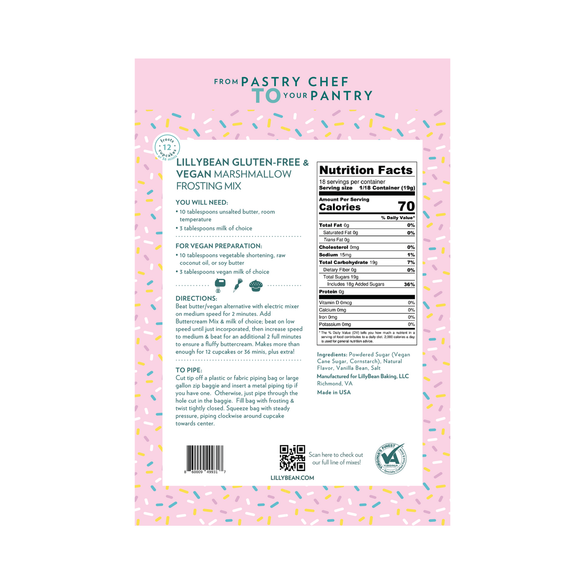 Back of LillyBean Marshmallow Frosting Mix pouch showing ingredients, allergen statement and frosting and piping directions