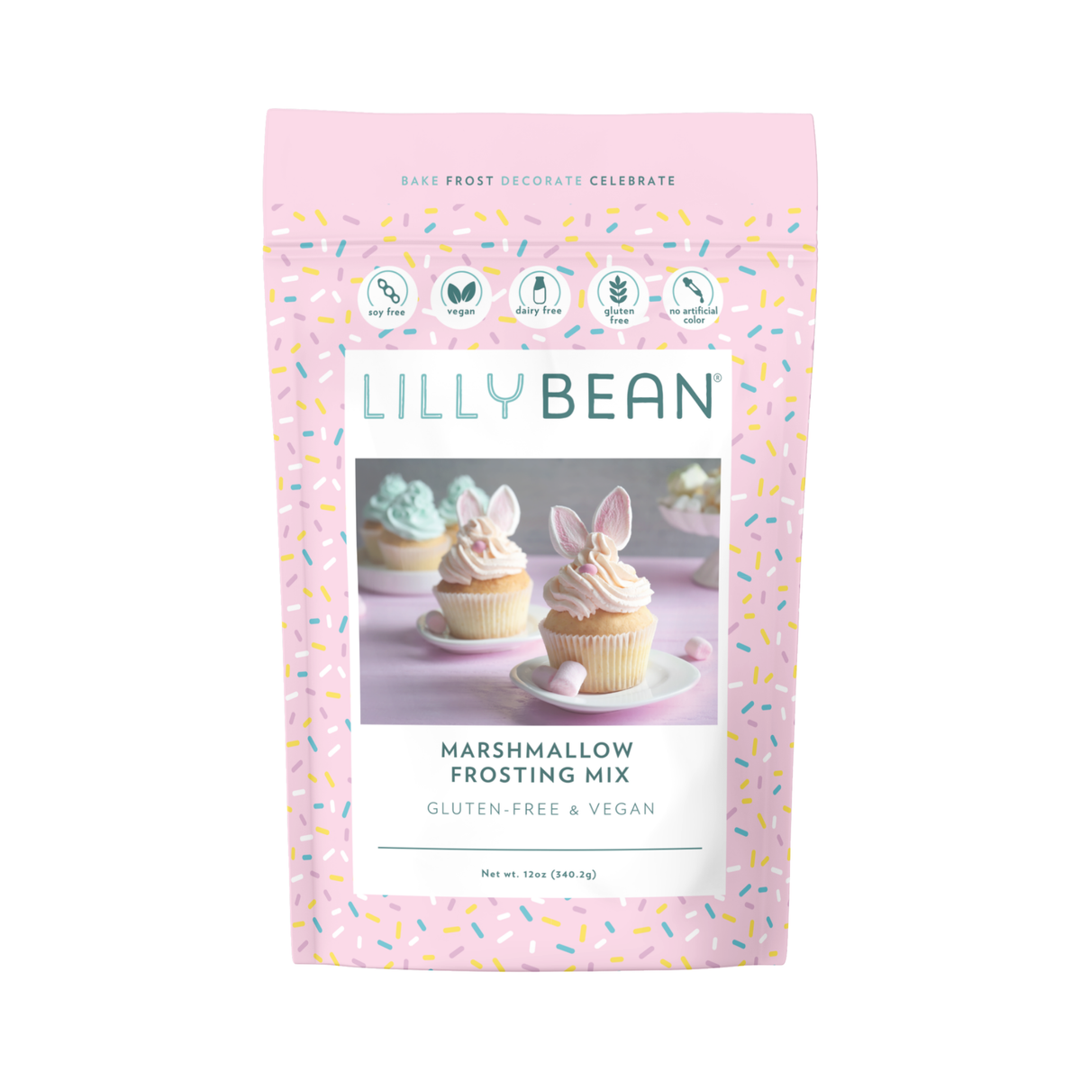 LillyBean Marshmallow Frosting Mix front of pouch, top-9 allergen-free, vegan and gluten-free marshmallow frosting mix, 12 oz