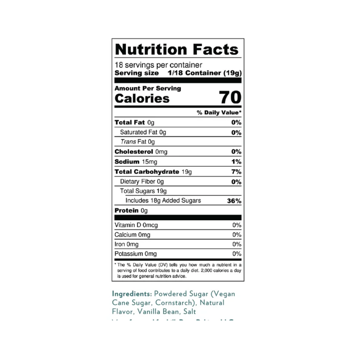Nutrition Facts panel for LillyBean Marshmallow Frosting Mix, 18 servings per container, 70 calories per serving