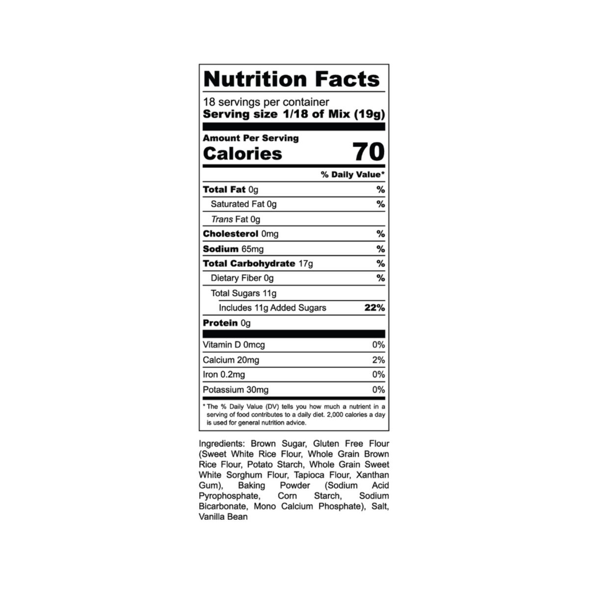 Nutrition Facts panel for LillyBean No-Bake Cookie Dough Bites Mix, 18 servings per container, 70 calories per serving