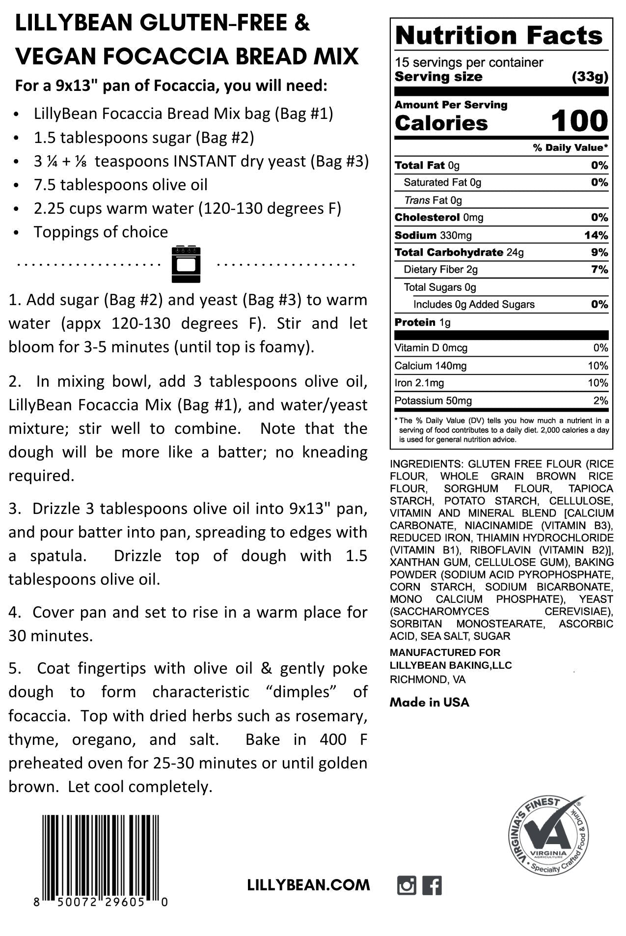 LillyBean Focaccia Bread Mix - Gluten-free & Vegan - LillyBean Baking