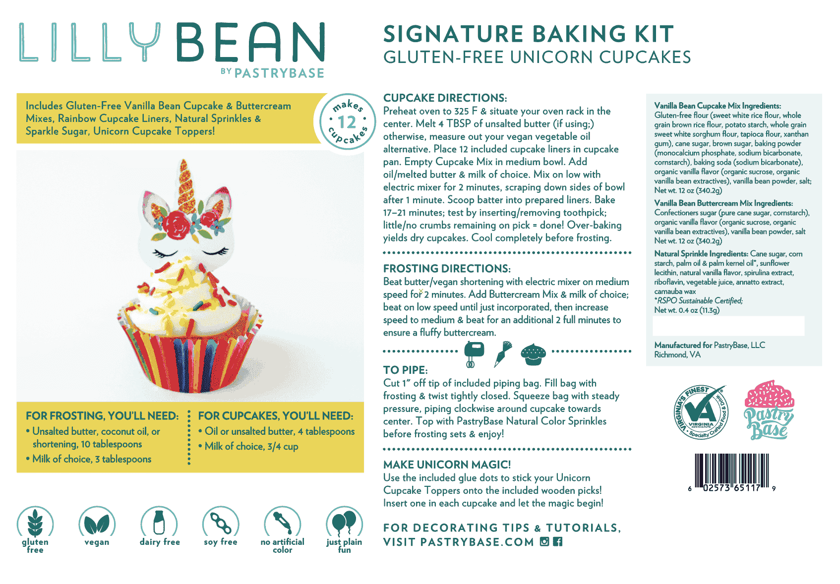 LillyBean Unicorn Cupcake Baking & Decorating Kit / Gift - Gluten-free & Vegan - LillyBean Baking