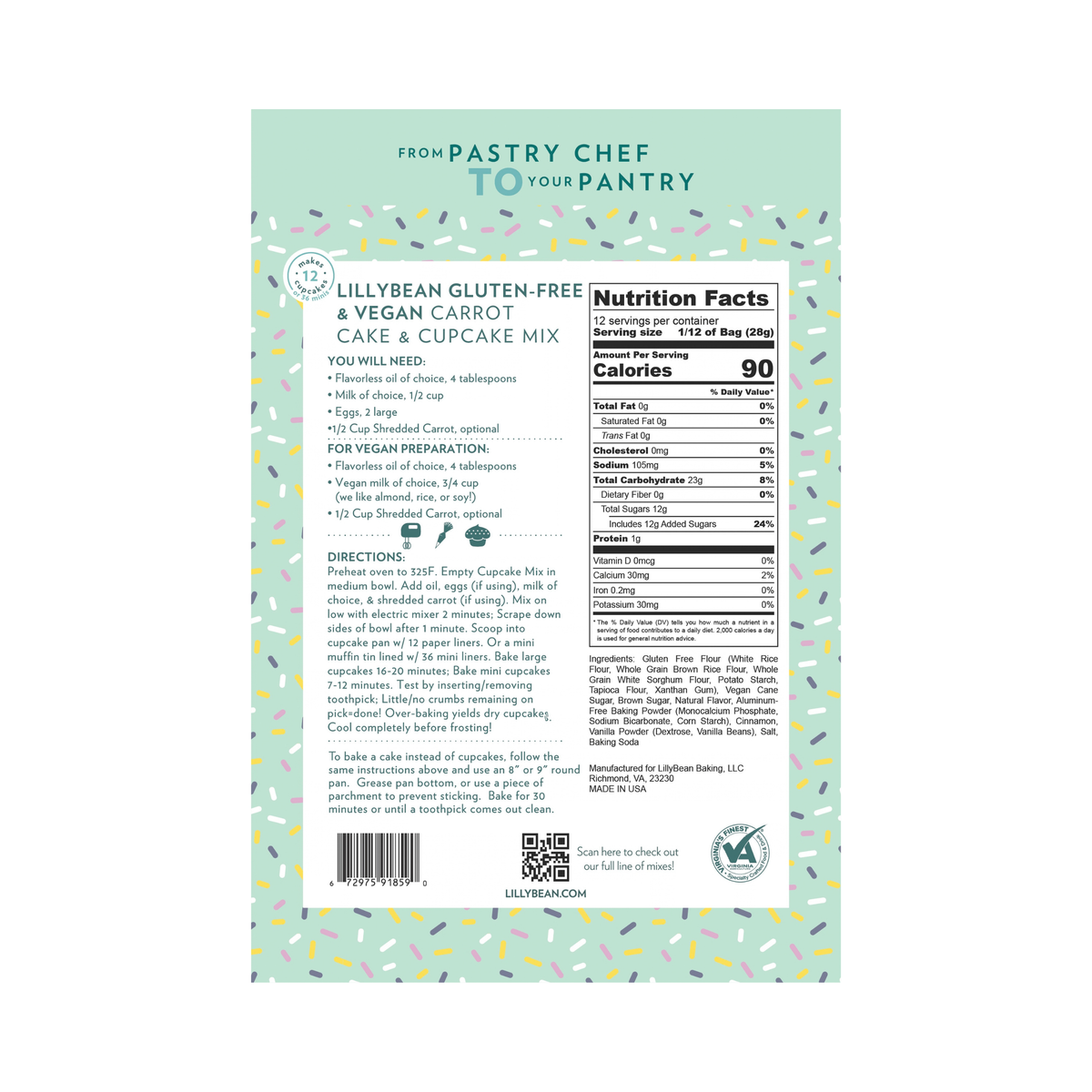Back of LillyBean Carrot Cake & Cupcake Mix pouch showing ingredients, allergen statement and cupcake and cake directions