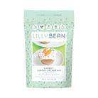 LillyBean Carrot Cake & Cupcake Mix front of pouch, top-9 allergen-free, vegan and gluten-free carrot cake mix, 12 oz