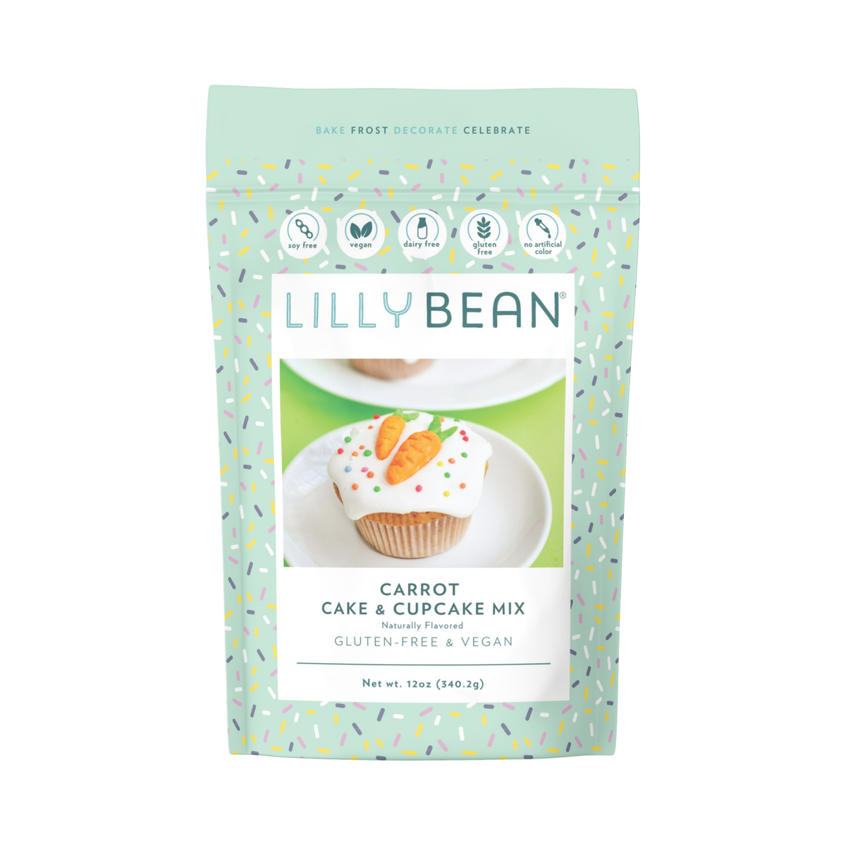 LillyBean Carrot Cake & Cupcake Mix front of pouch, top-9 allergen-free, vegan and gluten-free carrot cake mix, 12 oz