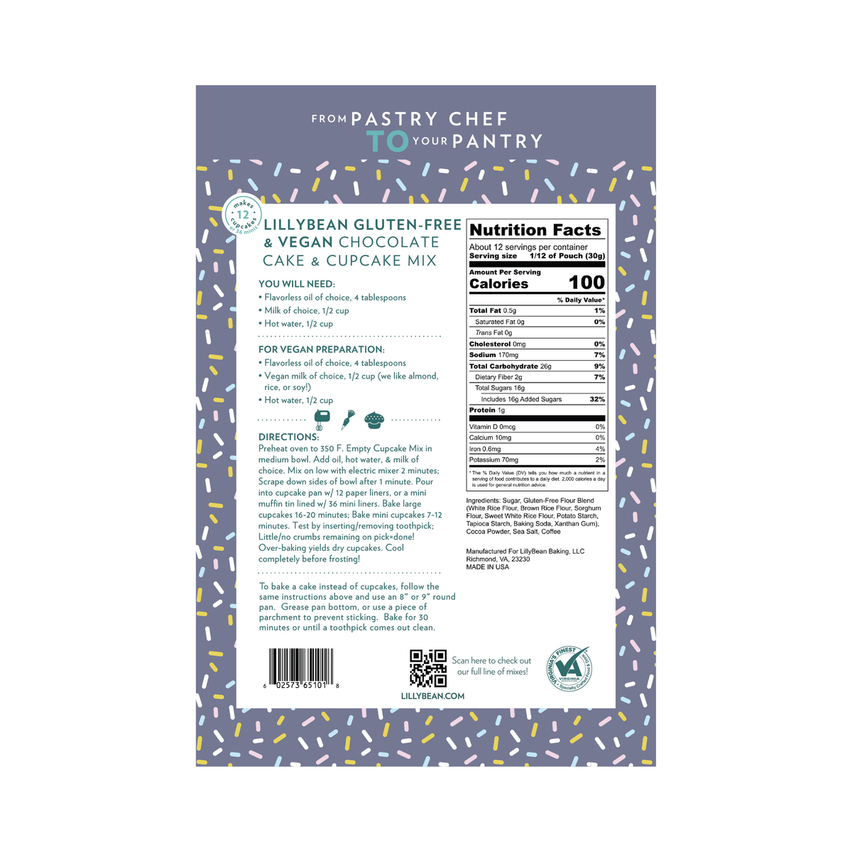 Back of LillyBean Chocolate Cake & Cupcake Mix pouch showing ingredients, allergen statement and cupcake and cake directions