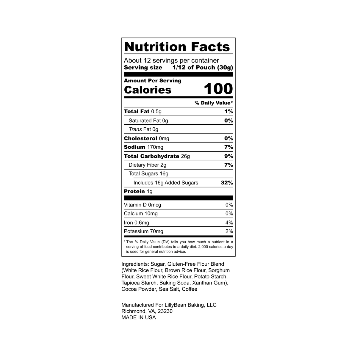 Nutrition Facts panel for LillyBean Chocolate Cake & Cupcake Mix, 12 servings per pouch, 100 calories per serving