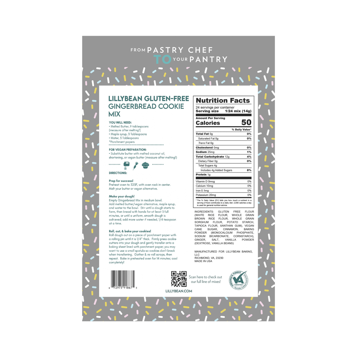 Back of LillyBean Gingerbread Cookie Mix pouch showing ingredients, allergen statement and cut-out cookie directions