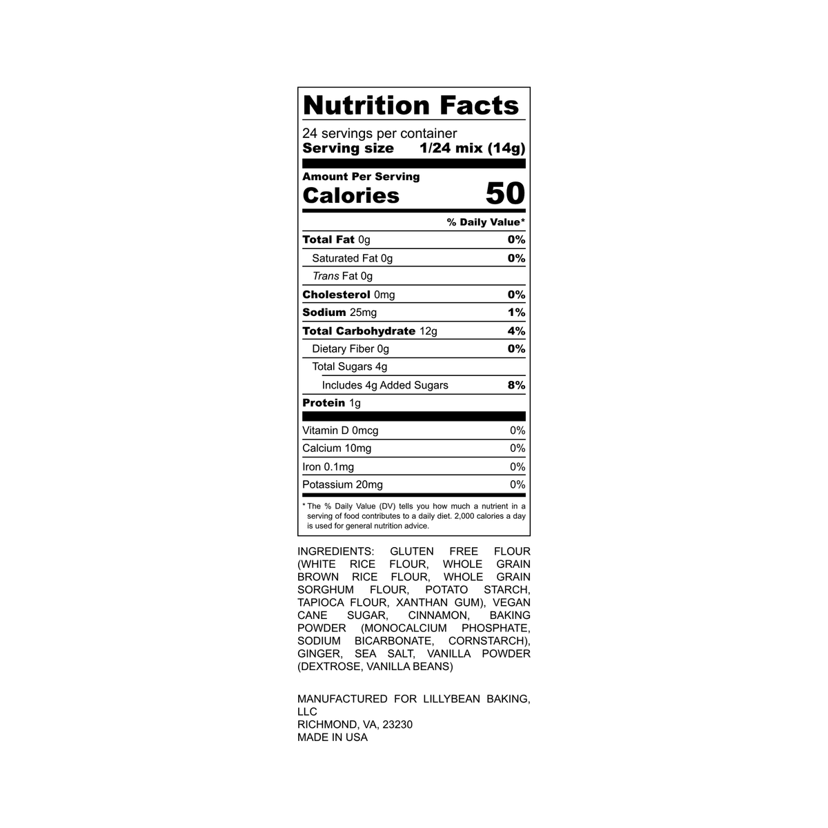 Nutrition Facts panel for LillyBean Gingerbread Cookie Mix, 24 servings per bag, 50 calories per serving