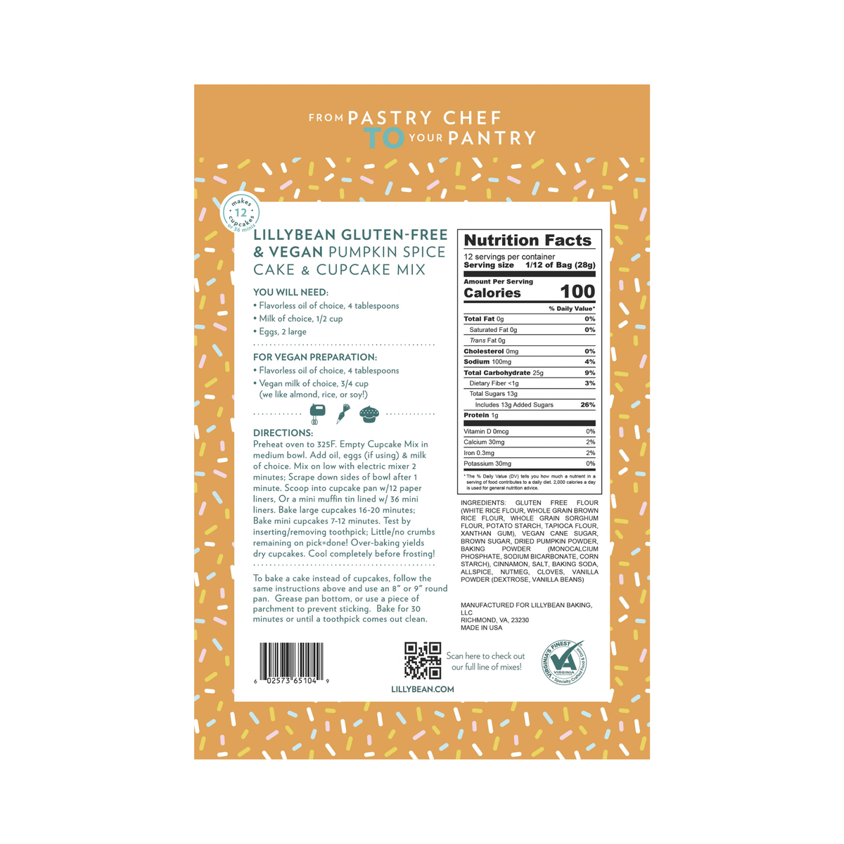 Back of LillyBean Pumpkin Spice Cake & Cupcake Mix pouch showing ingredients, allergen statement and cupcake and cake directions