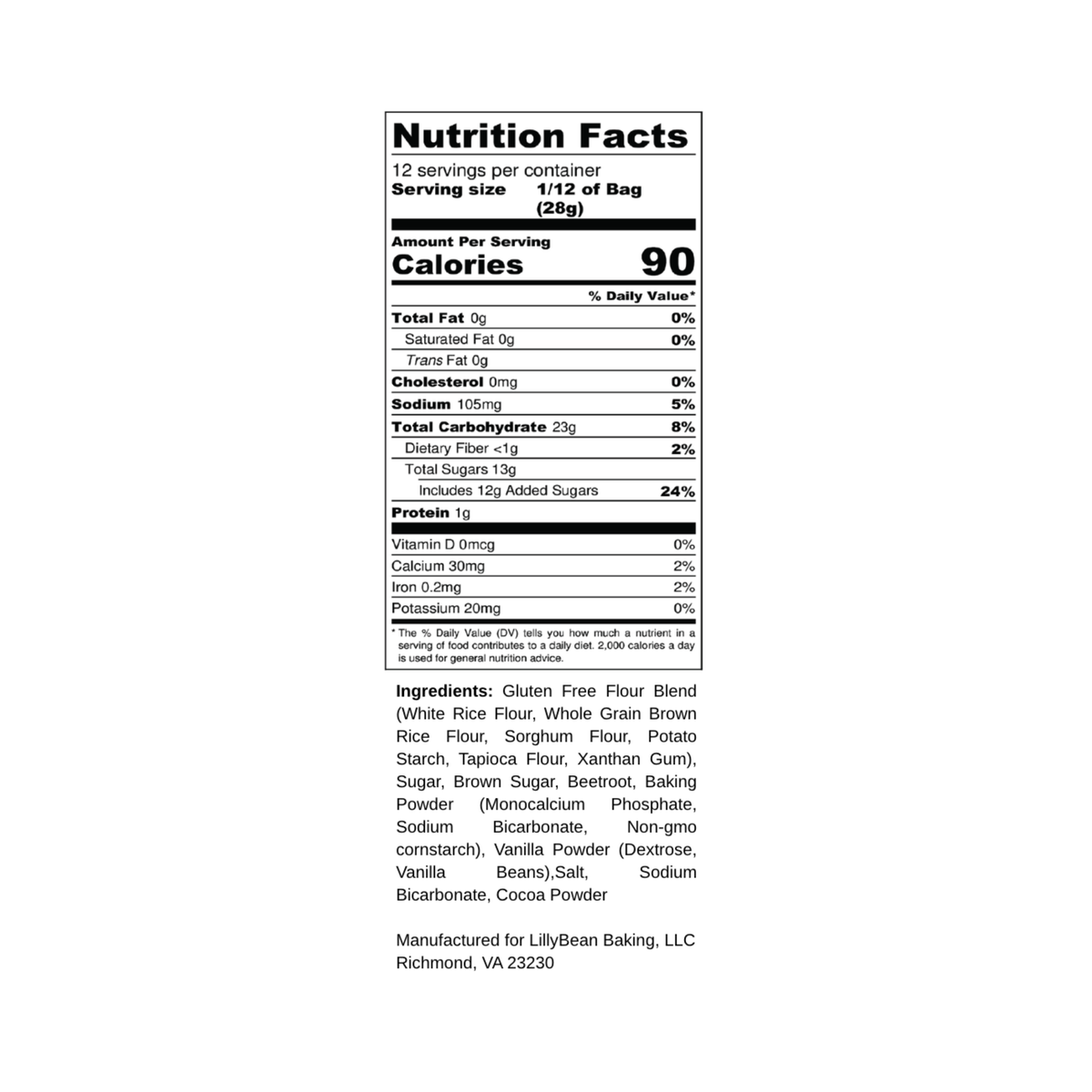 Nutrition Facts panel for LillyBean Red Velvet Cake & Cupcake Mix, 12 servings per bag, 90 calories per serving