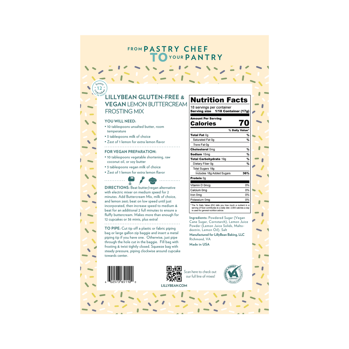 Back of LillyBean Lemon Buttercream Frosting Mix pouch showing ingredients, allergen statement and frosting and piping directions