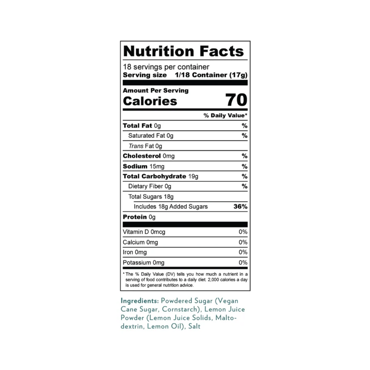 Nutrition Facts panel for LillyBean Lemon Buttercream Frosting Mix, 18 servings per container, 70 calories per serving