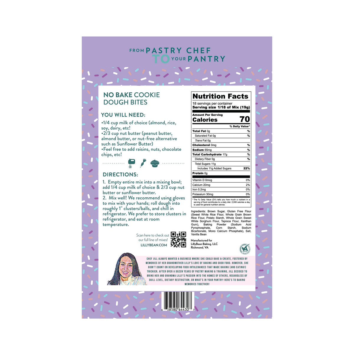 Back of LillyBean No-Bake Cookie Dough Bites Mix pouch showing ingredients, allergen statement and no-bake directions