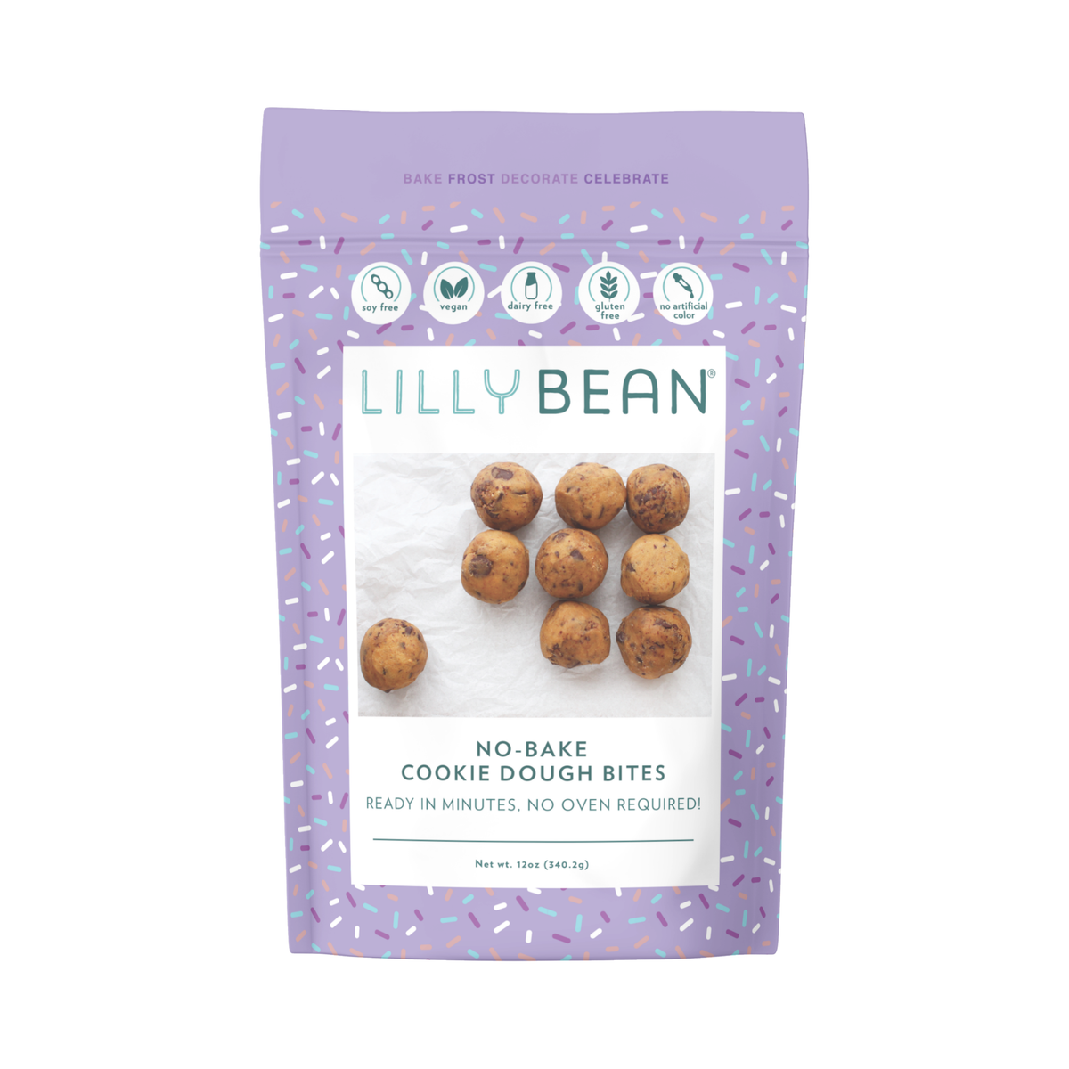 LillyBean No-Bake Cookie Dough Bites Mix front of pouch, top-9 allergen-free, vegan and gluten-free edible cookie dough mix, 12 oz