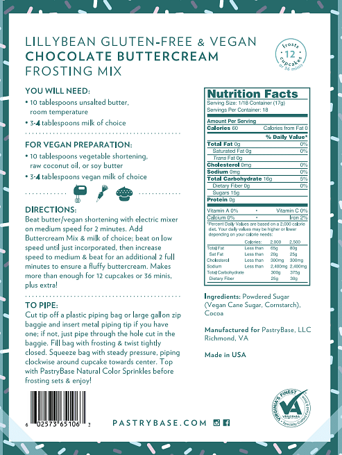 LillyBean Chocolate Buttercream Frosting Mix - Gluten-free & Vegan - LillyBean Baking